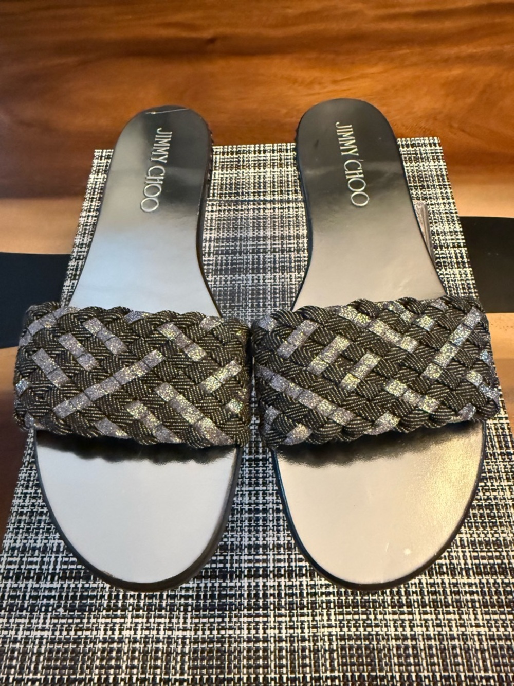 Jimmy Choo London Metallic Woven Slide Sandals Size 42 Made in Italy 🖤